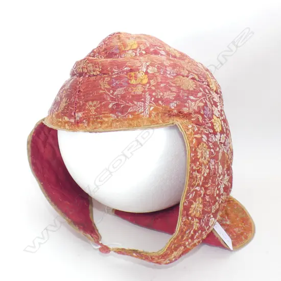 Chinese? rust coloured woven silk skull cap with ear & tail flaps.